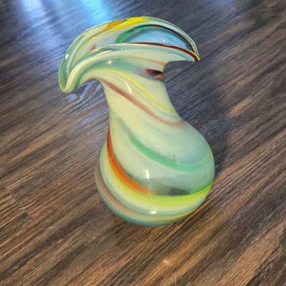 MURANO Italian Hand-Blown Colorful Swirl Vase w/ Crescent Rim - Picture 10 of 10